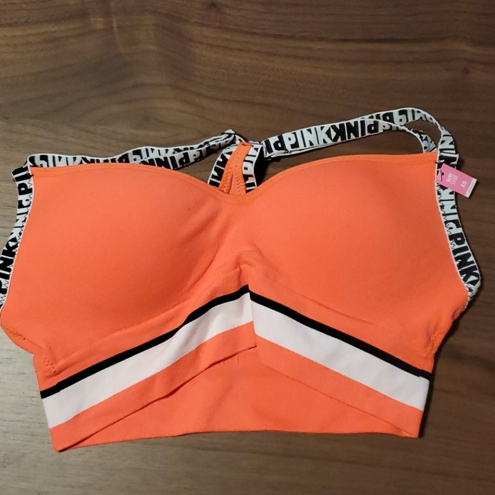 NWT PINK Victoria’s Secret Wireless Padded Push Up Sports Bra Top Orange XS